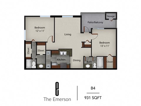Floor plan for 2 beds, 2 baths, 931 sqft