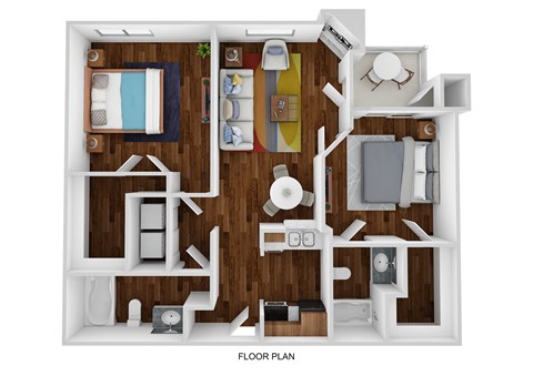 Floor plan for 2 beds, 2 baths, 886 sqft