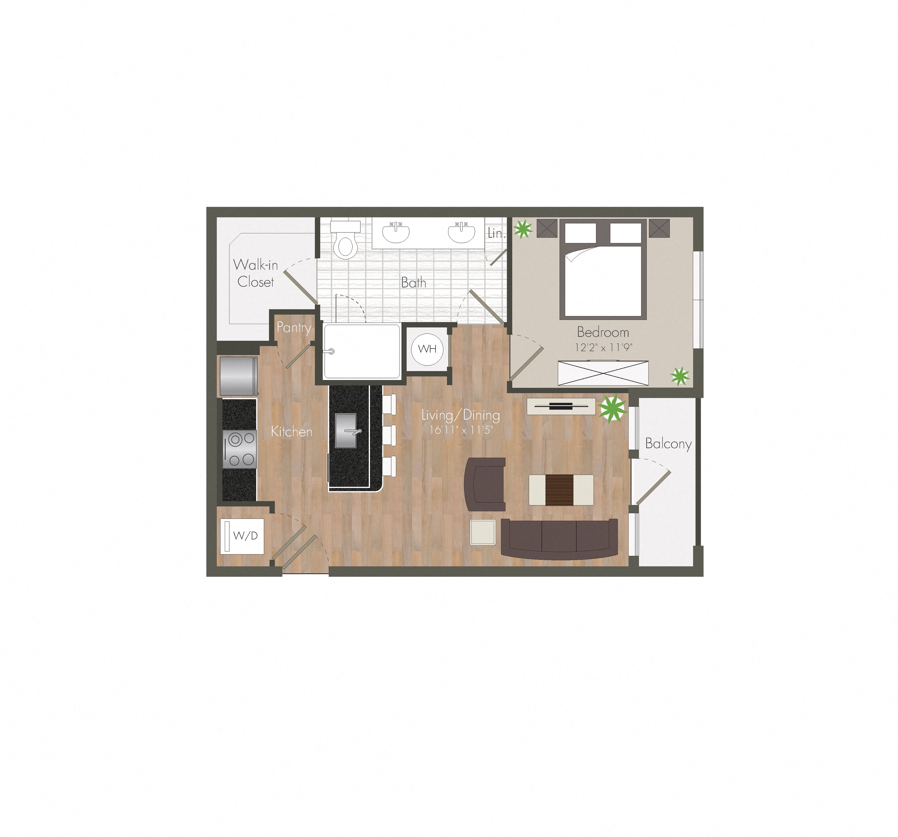Floor plan for 1 bed, 1 bath, 686 sqft