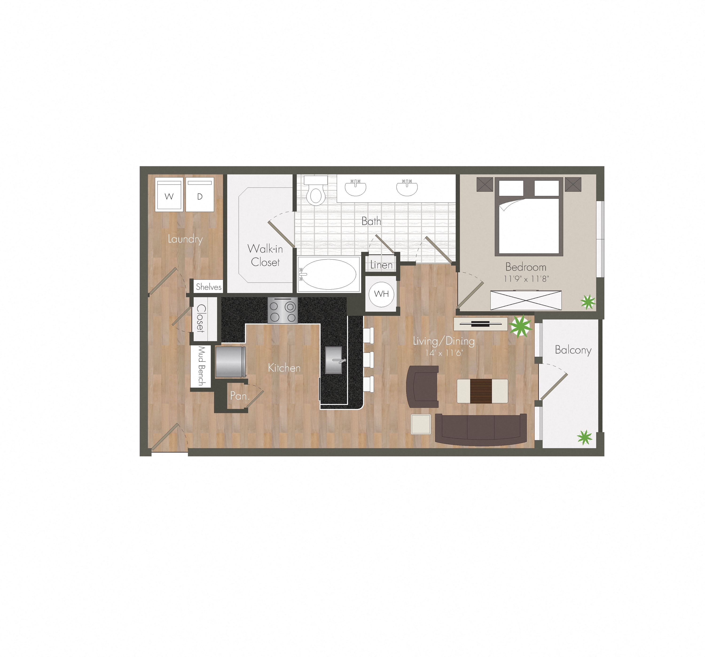 Floor plan for 1 bed, 1 bath, 797 sqft
