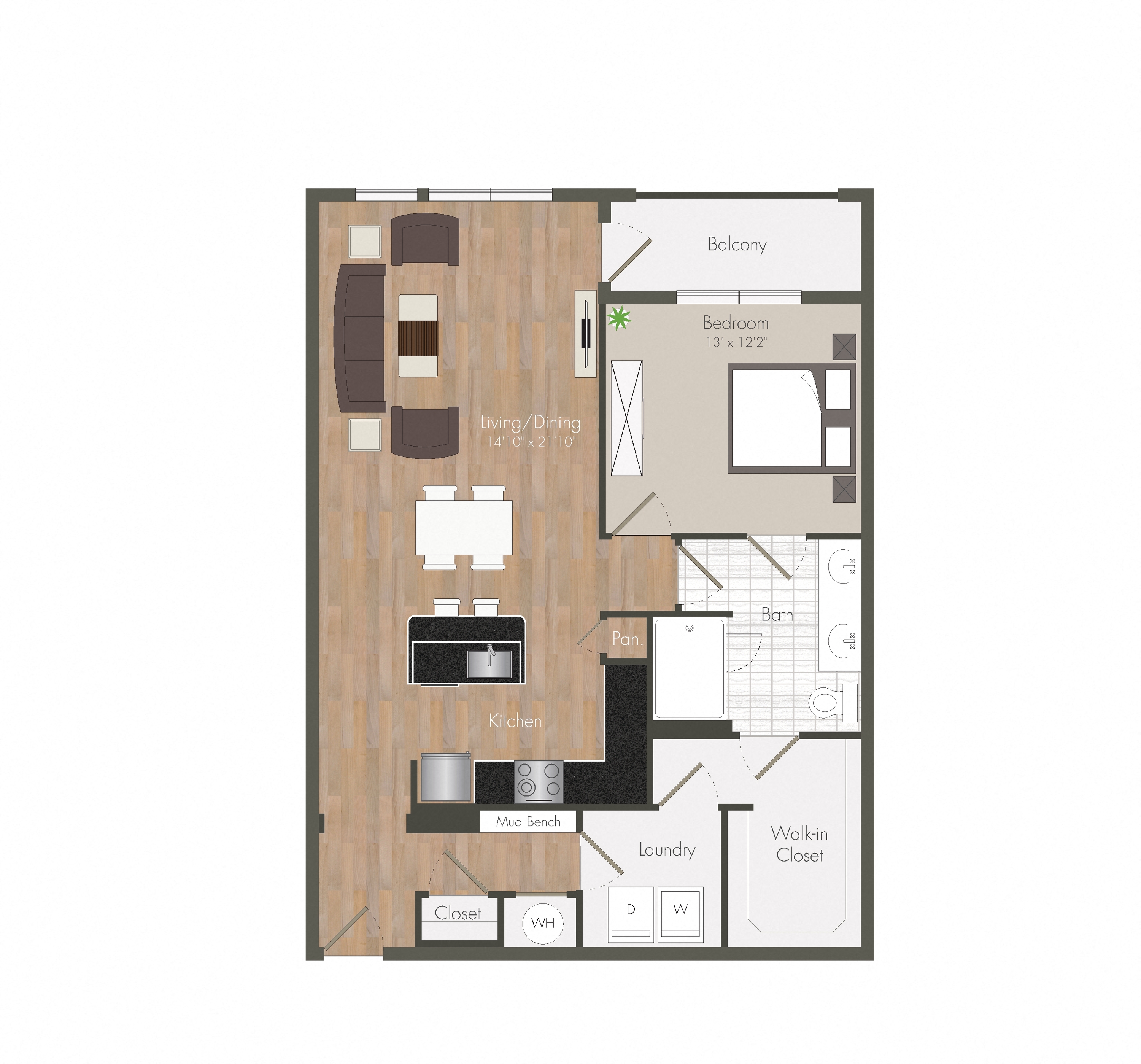 Floor plan for 1 bed, 1 bath, 1019 sqft