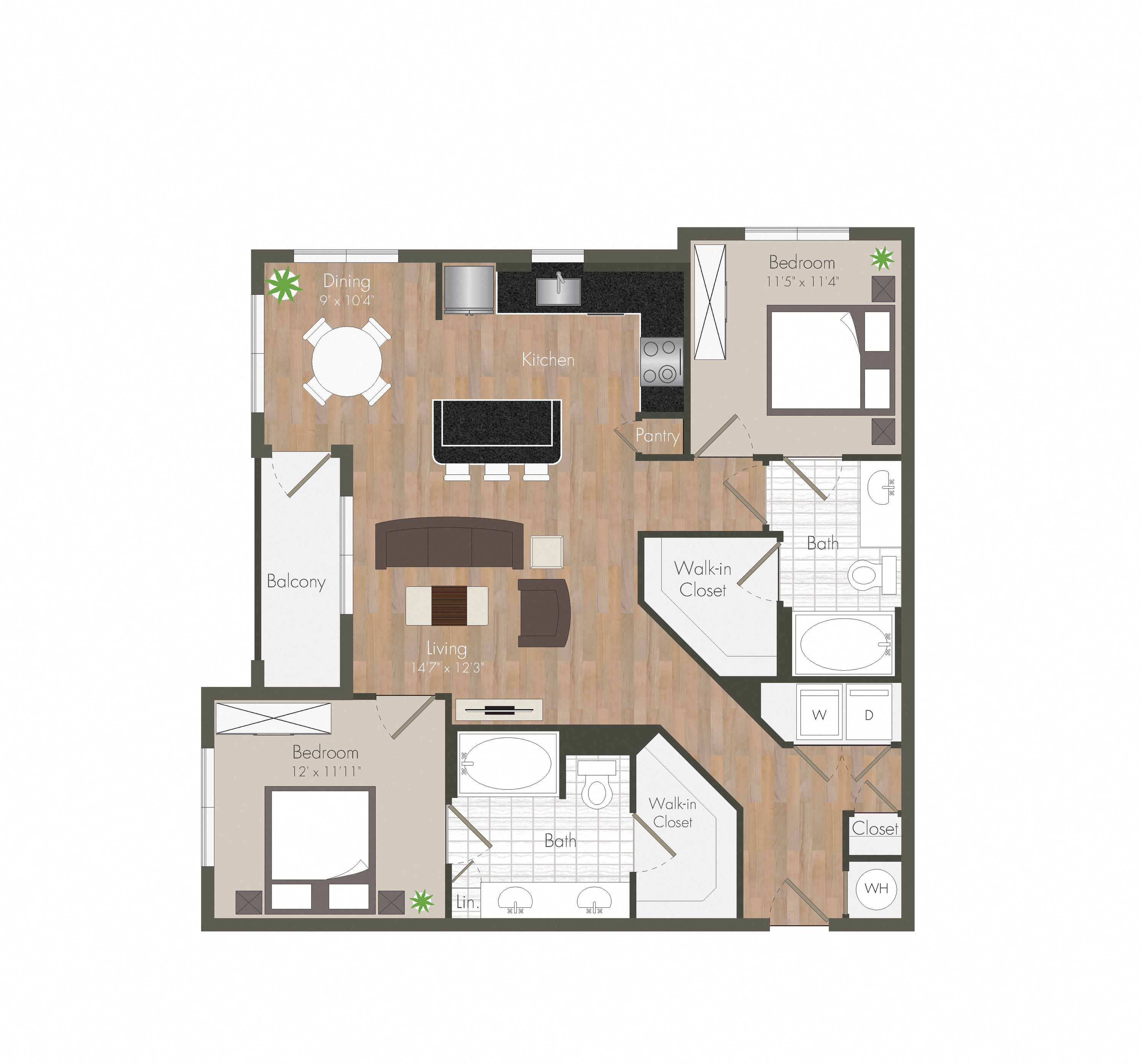 Floor plan for 2 beds, 2 baths, 1088 sqft