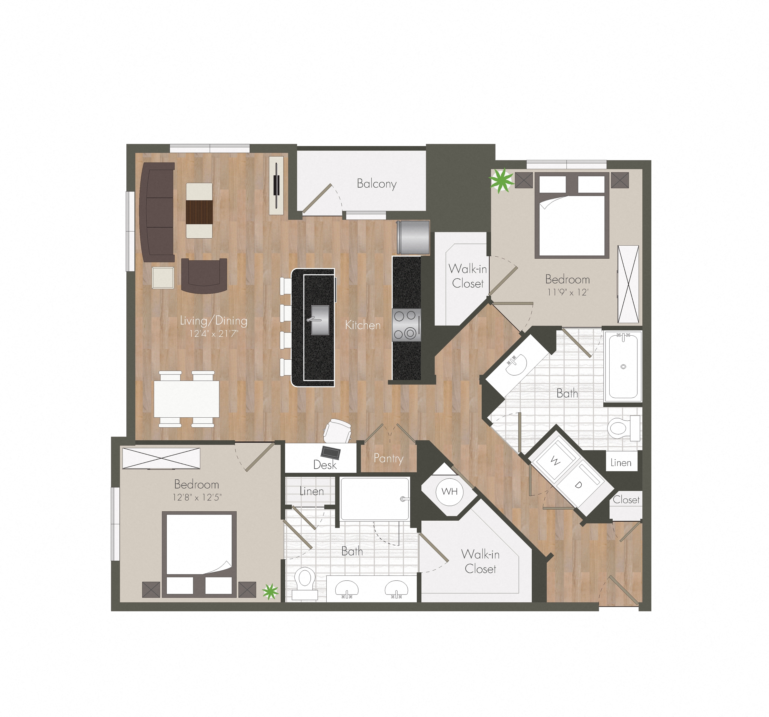 Floor plan for 2 beds, 2 baths, 1261 sqft