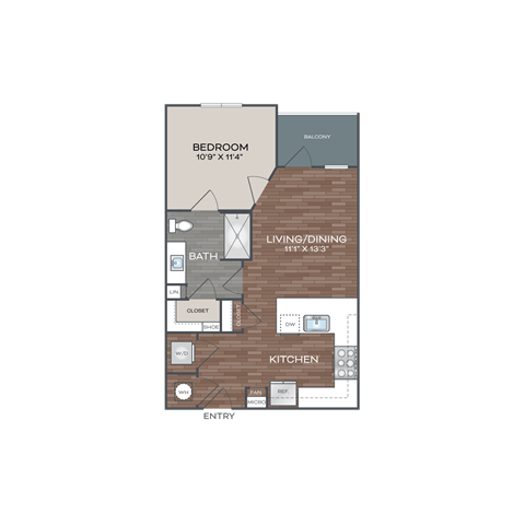Floor plan for 1 bed, 1 bath, 637 sqft