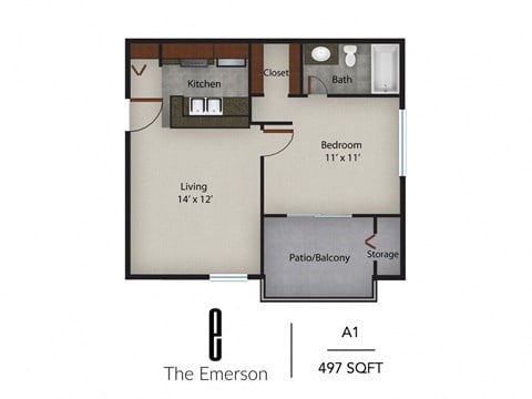 Floor plan for 1 bed, 1 bath, 497 sqft