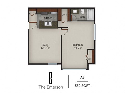 Floor plan for 1 bed, 1 bath, 552 sqft