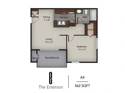 Floor plan for 1 bed, 1 bath, 562 sqft