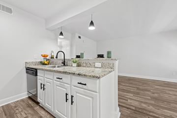 Dallas apartment for rent - A kitchen with white cabinets and a granite countertop.