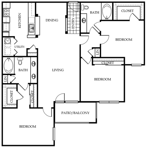 Floor plan for 3 beds, 2 baths, 1445 sqft