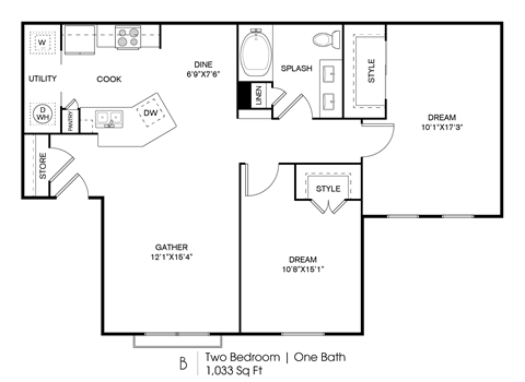 Floor plan for 2 beds, 1 bath, 1033 sqft