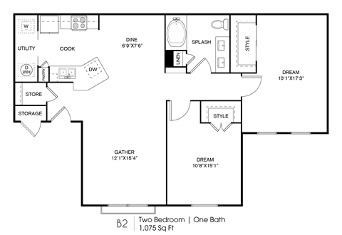 Floor plan for 2 beds, 1 bath, 1075 sqft