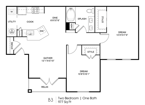 Floor plan for 2 beds, 1 bath, 977 sqft