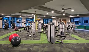 Phoenix apartment for rent - a gym with cardio equipment and weights in a building with blue walls