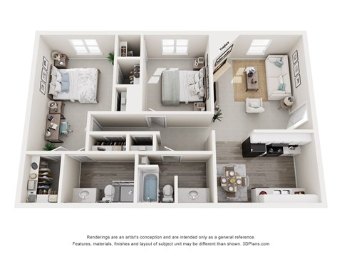 Floor plan for 2 beds, 2.5 baths, 1023 sqft