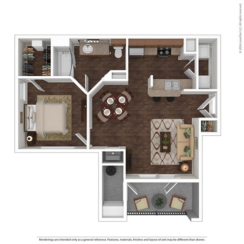 Floor plan for 1 bed, 1 bath, 686 sqft