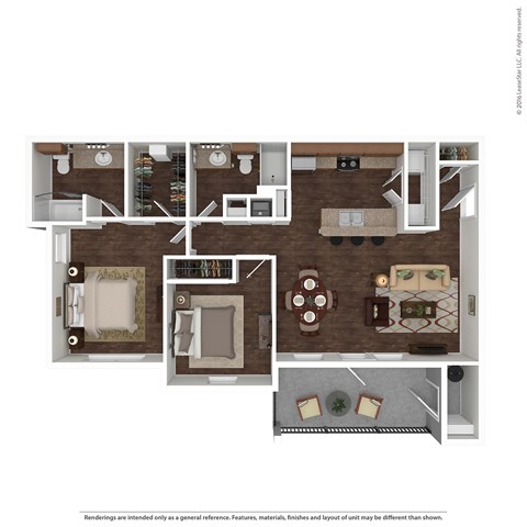 Floor plan for 2 beds, 2 baths, 998 sqft