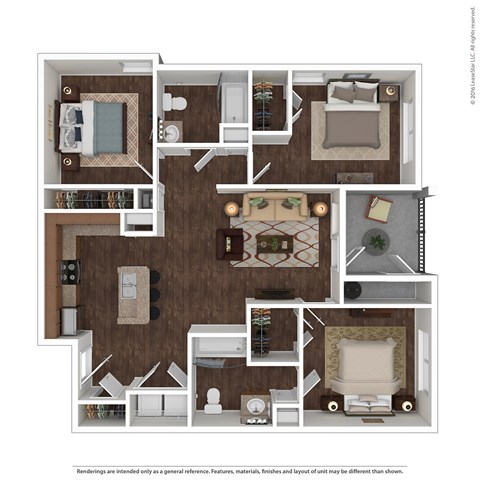 Floor plan for 3 beds, 2 baths, 1107 sqft