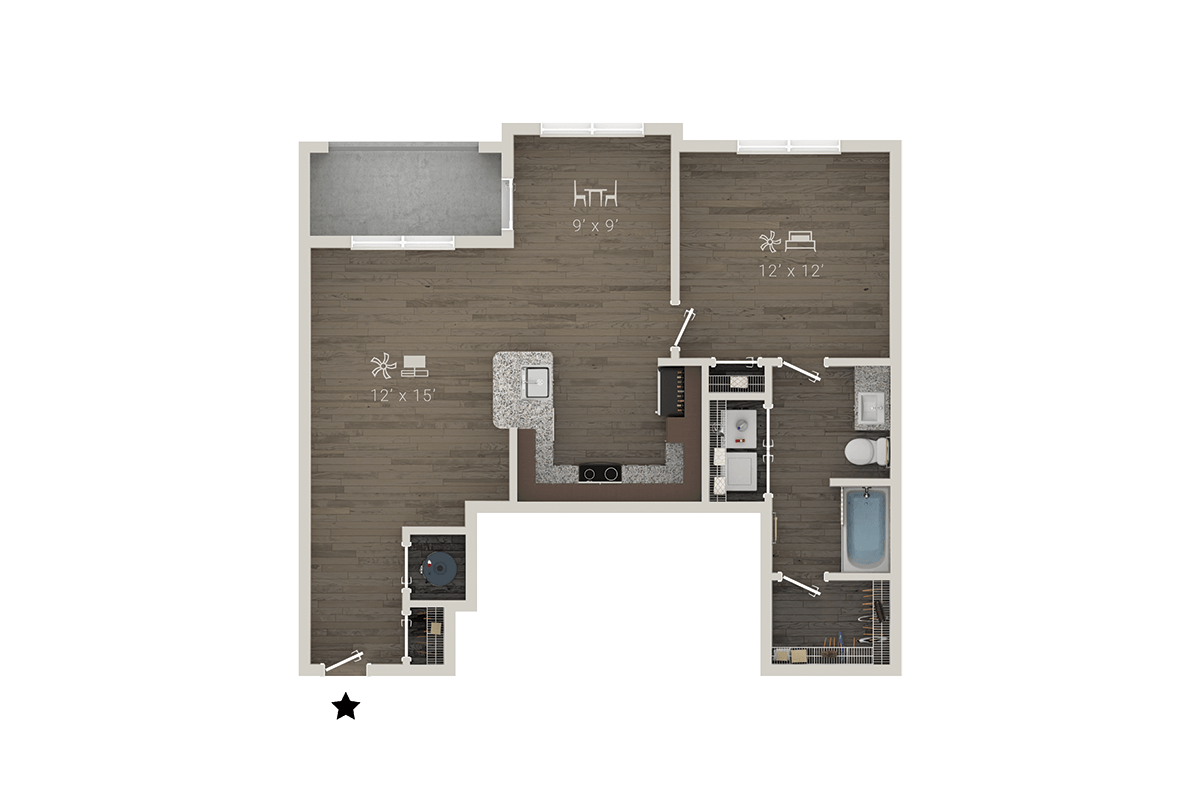Floor plan for 1 bed, 1 bath, 859 sqft