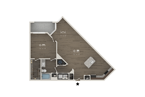 Floor plan for 1 bed, 1 bath, 985 sqft