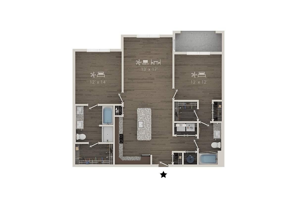 Floor plan for 2 beds, 2 baths, 1317 sqft