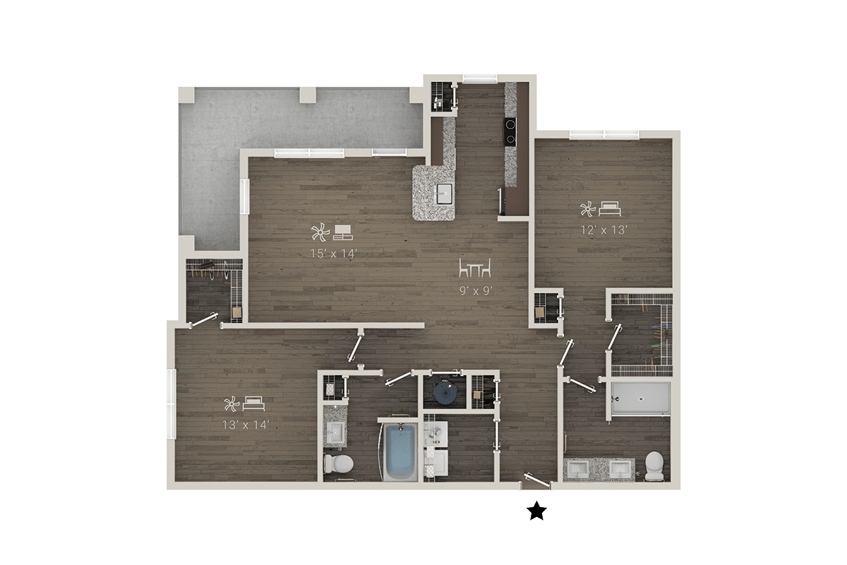 Floor plan for 2 beds, 2 baths, 1295 sqft
