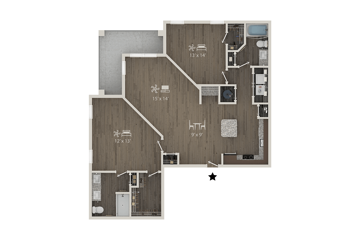 Floor plan for 2 beds, 2 baths, 1353 sqft