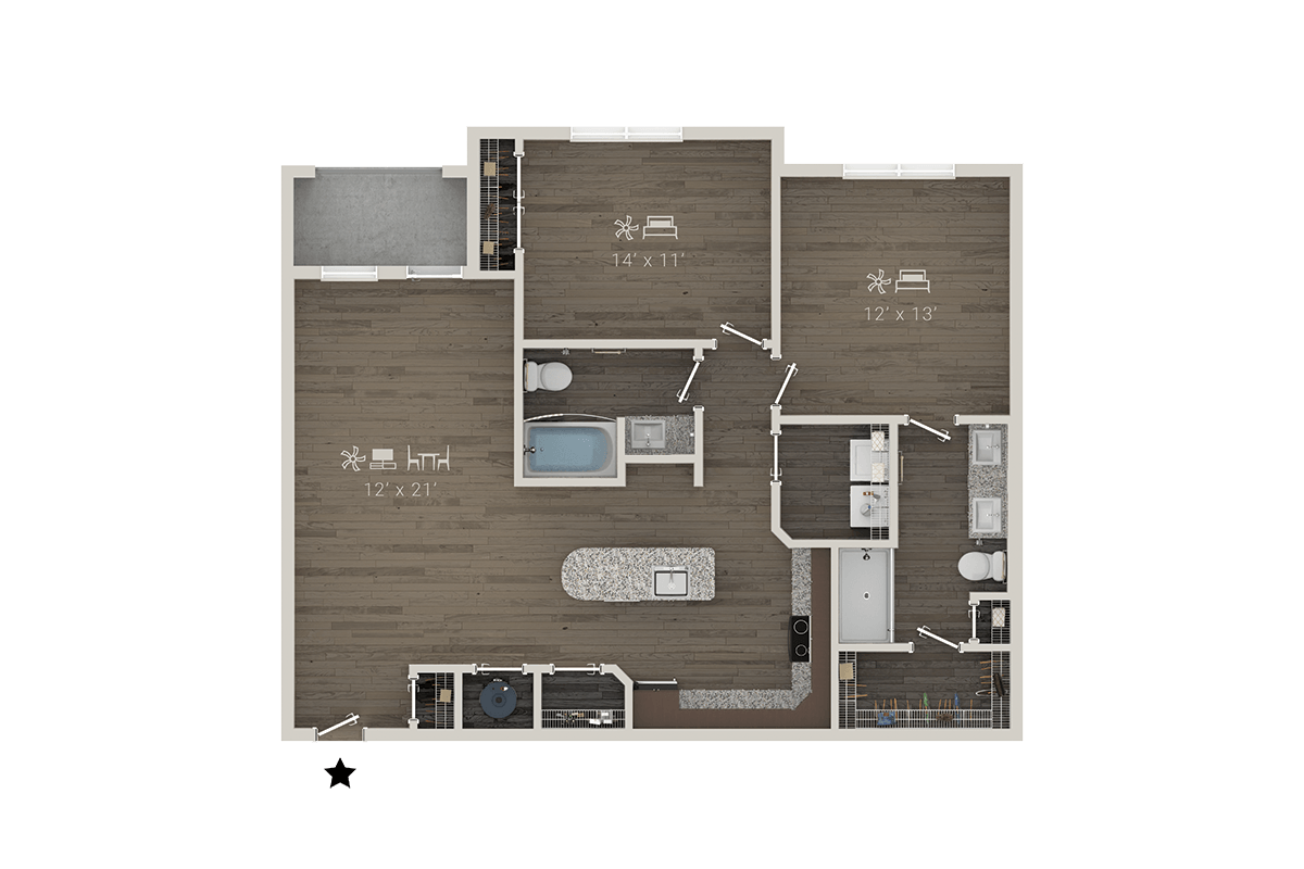Floor plan for 2 beds, 2 baths, 1181 sqft