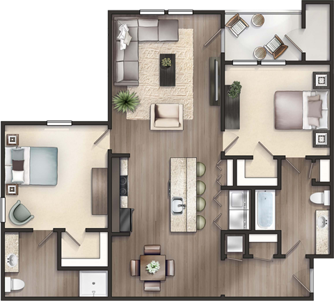 Floor plan for 2 beds, 2 baths, 1160 sqft