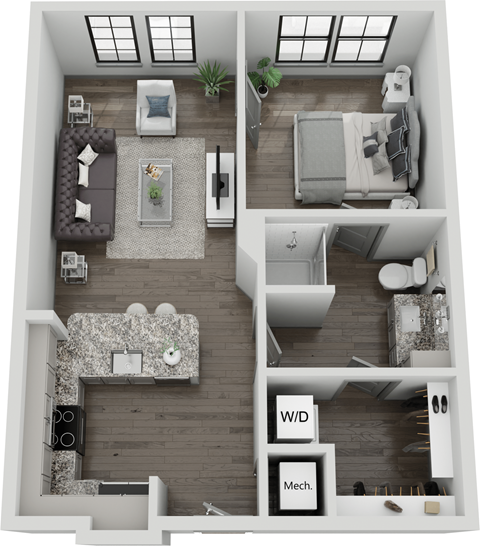 Floor plan for 1 bed, 1 bath, 621 sqft
