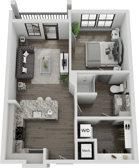 Floor plan for 1 bed, 1 bath, 621 sqft