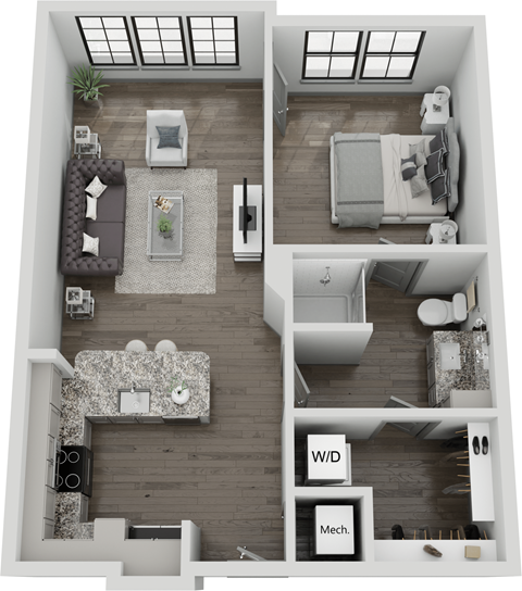Floor plan for 1 bed, 1 bath, 722 sqft