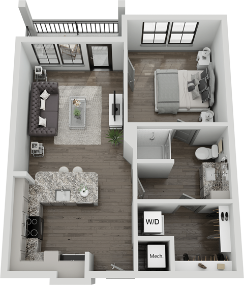 Floor plan for 1 bed, 1 bath, 674 sqft