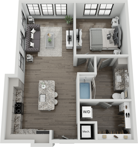 Floor plan for 1 bed, 1 bath, 762 sqft