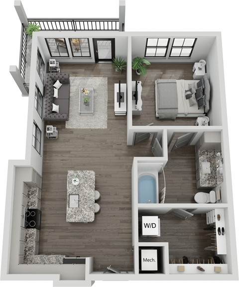 Floor plan for 1 bed, 1 bath, 762 sqft