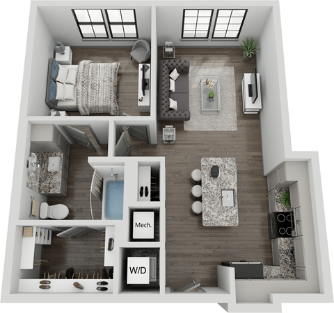 Floor plan for 1 bed, 1 bath, 714 sqft