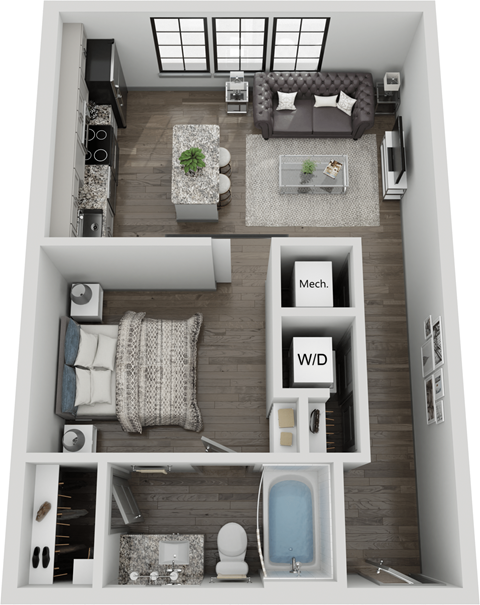 Floor plan for studio, 1 bath, 590 sqft