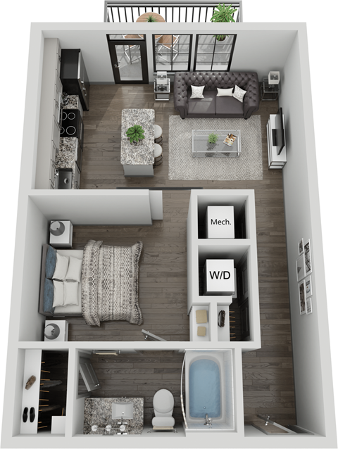 Floor plan for studio, 1 bath, 590 sqft