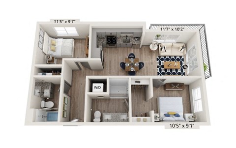 Floor plan for 2 beds, 2 baths, 815 sqft