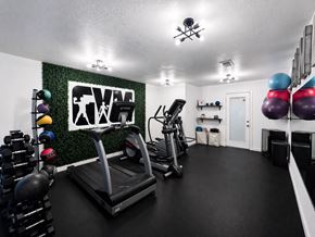 El Paso apartment for rent - A gym with a treadmill, weights, and exercise balls.
