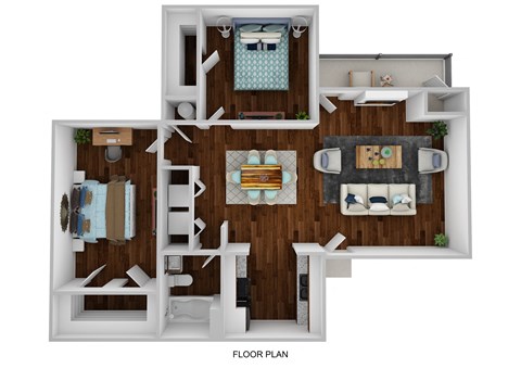 Floor plan for 2 beds, 1 bath, 890 sqft