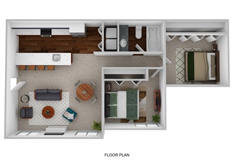 Floor plan for 2 beds, 1 bath, 897 sqft