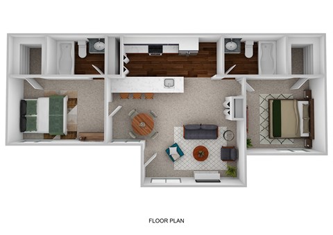 Floor plan for 2 beds, 2 baths, 973 sqft