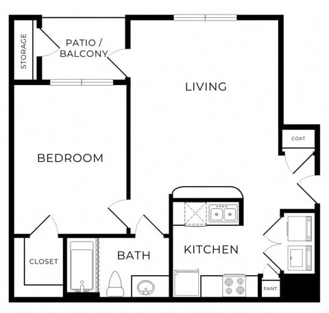Floor plan for 1 bed, 1 bath, 675 sqft