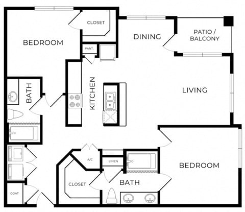 Floor plan for 2 beds, 2 baths, 1145 sqft