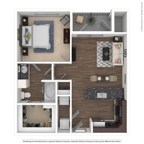 Floor plan for 1 bed, 1 bath, 727 sqft