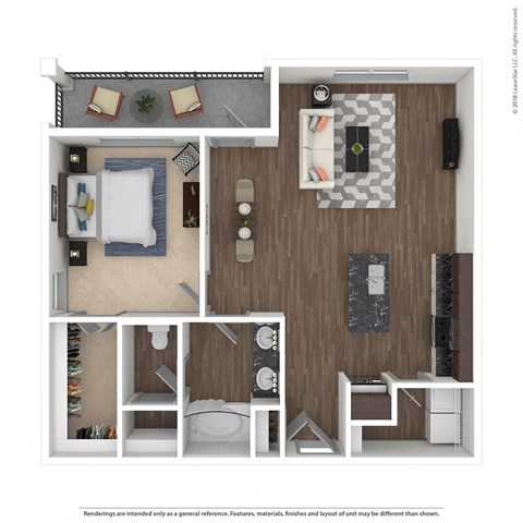 Floor plan for 1 bed, 1 bath, 889 sqft