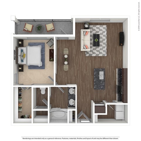 Floor plan for 1 bed, 1 bath, 889 sqft