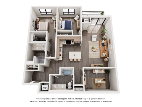 Floor plan for 2 beds, 2 baths, 1305 sqft