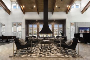 Franklin apartment for rent - A modern living room with a black and white checkered rug and a large black fireplace.