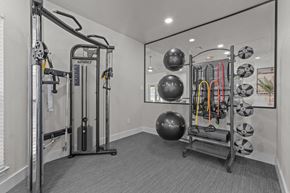 Austin apartment for rent - A gym with a variety of equipment including a squat rack, a leg press machine, and a medicine ball.
